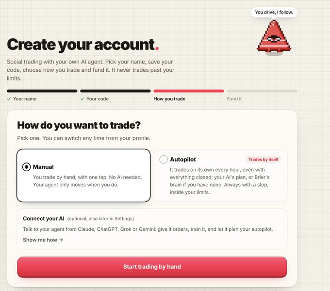 A screenshot of an account creation page for an AI trading platform, showing options for 'Manual' and 'Autopilot' trading modes, with a red 'Start trading by hand' button.