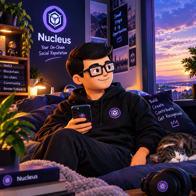 An illustrated character wearing glasses and a black hoodie sits on a couch holding a smartphone, with a cat beside them and 'Nucleus: Your On-Chain Social Reputation' branding visible.
