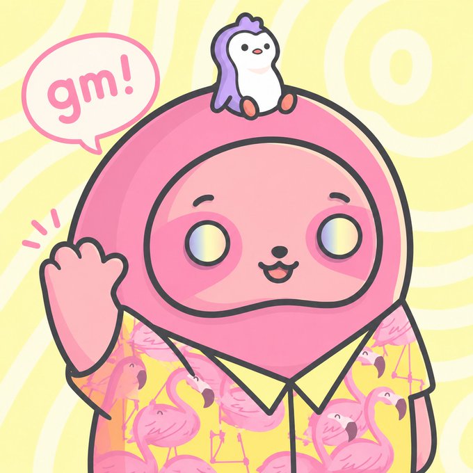 An illustration of a pink character wearing a flamingo-print shirt waves, with a small penguin perched on its head and a speech bubble saying 'gm!' against a yellow swirly background.