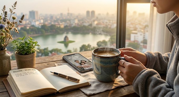 A person in a gray sweater holding a steaming ceramic mug at a wooden table with an open notebook, pen, potted plants, and a smartphone, overlooking a city lake.