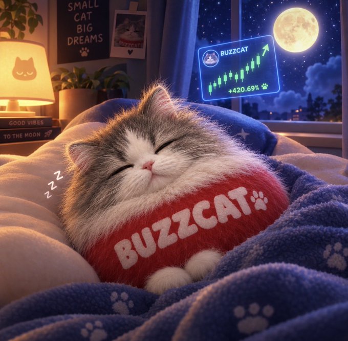 A stylized digital illustration of a sleeping kitten wearing a red 'BUZZCAT' sweater, nestled in a blanket with 'Z Z' sleep symbols, alongside a chart showing 'BUZZCAT' at +420.69% and a 'SMALL CAT BIG DREAMS' poster in the background.