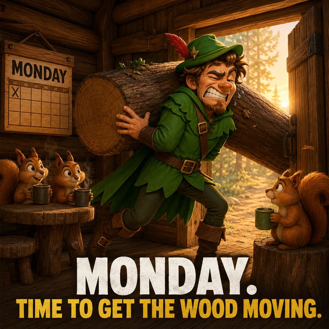A digital illustration showing a grimacing man in green Robin Hood attire straining to carry a massive log, with squirrels sipping from mugs nearby and a calendar marked 'MONDAY,' captioned 'MONDAY. TIME TO GET THE WOOD MOVING.'