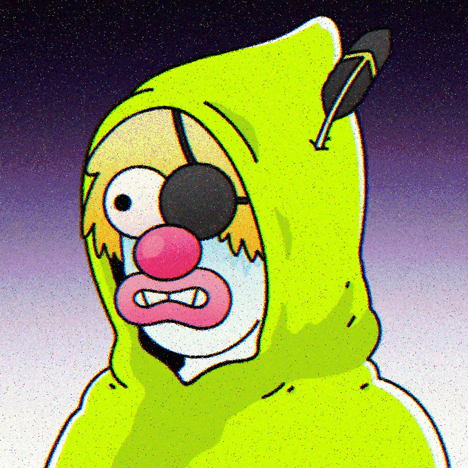 A cartoon illustration of a character with blonde hair, an eye patch, and pink lips wearing a green hood, with an arrow sticking out of the hood.