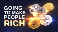 A promotional graphic featuring the text "GOING TO MAKE PEOPLE RICH" alongside gold coins displaying the XRP (Ripple) logo, visually reinforcing the post's bullish sentiment on XRP.