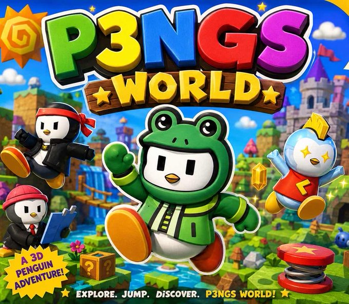 Promotional artwork for the game 'P3NGS World,' featuring cartoon penguin characters including one in a frog costume, with text reading 'A 3D PENGUIN ADVENTURE! EXPLORE. JUMP. DISCOVER. P3NGS WORLD!'