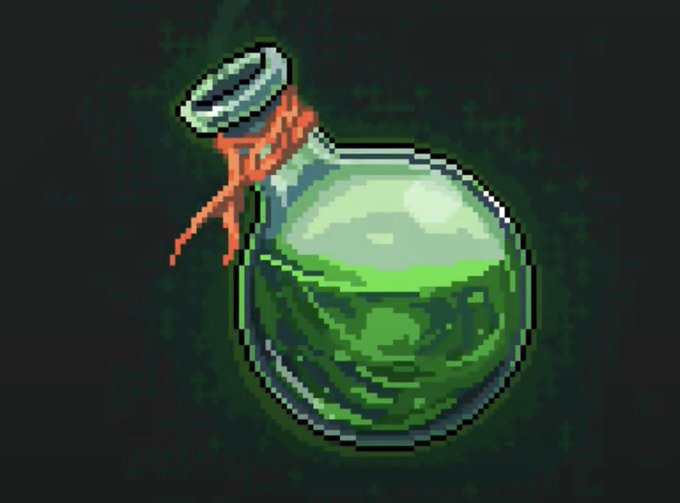 Pixel art of a green glowing potion bottle with a cork stopper sealed by red wax, featuring a red string tied around its neck against a dark background.
