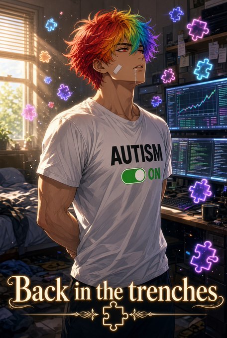 An anime-style illustration of a muscular character with rainbow-colored hair wearing a white t-shirt that reads 'AUTISM ON' with a green toggle switch, captioned 'Back in the trenches' with puzzle piece motifs.