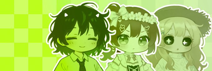 An illustration featuring three green-toned anime-style characters smiling against a green checkered background.