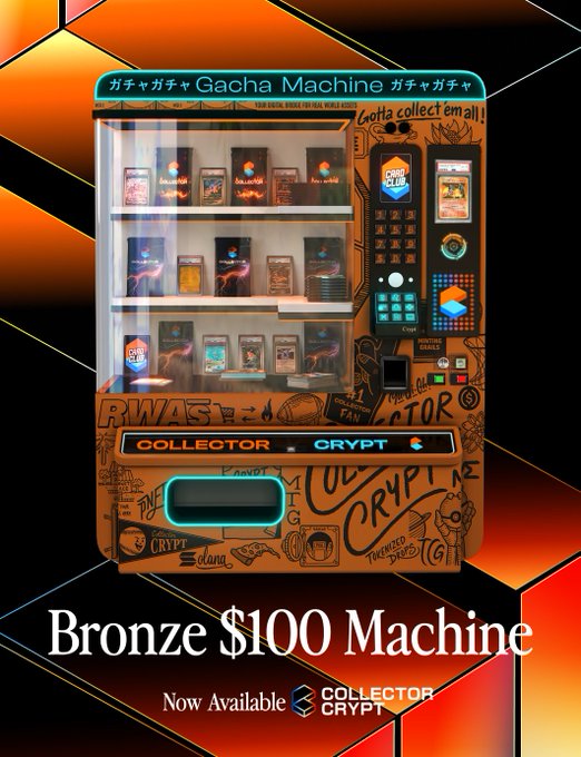 A "Bronze $100 Machine" branded as "Gacha Machine" by Collector Crypt is shown filled with various Pokémon trading cards, matching the post's announcement that the Bronze tier is now live with top grails like Shining Kabutops, Ooyama's Pikachu, and Corocoro Mew after the Water machine was paused.