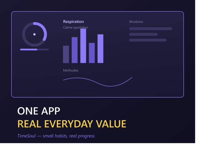 A dark purple promotional graphic for TimeSoul showcases a dashboard mockup featuring "Respiration" with the French phrase "Calme quotidien," a bar chart under "Méthodes," and a "Wisdoms" section, accompanied by the tagline "ONE APP, REAL EVERYDAY VALUE" and the slogan "TimeSoul — small habits, real progress."

The image visually reinforces the post by illustrating the app's core features—breathing exercises, meditations, and daily wisdoms—while highlighting how TimeSoul uses AI and Web3 rewards to help users build consistent habits.