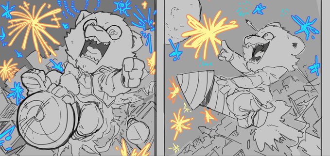 A comic book style illustration shows two action-packed panels featuring a roaring polar bear and a polar bear warrior wielding a shield and spear, surrounded by blue and yellow energy sparks.
