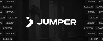 A dark promotional banner featuring the 'JUMPER' logo in white, set against a background tiled with the word 'LEGION' and a faint face.
