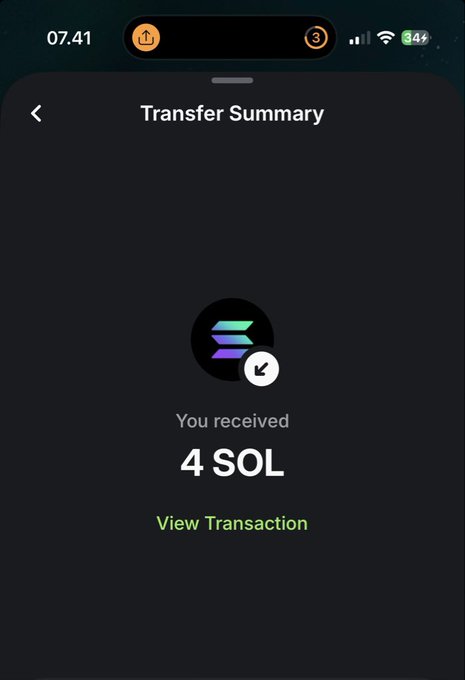 A mobile phone screenshot of a Transfer Summary showing 'You received 4 SOL' from Solana.