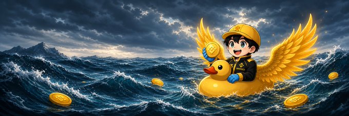 A cheerful character in a yellow hard hat rides a golden rubber duck with wings across stormy seas, surrounded by floating gold coins bearing the Binance "B" logo, symbolizing Binance's triumphant "rebirth" and renewed airdrop campaign navigating through harsh market conditions.