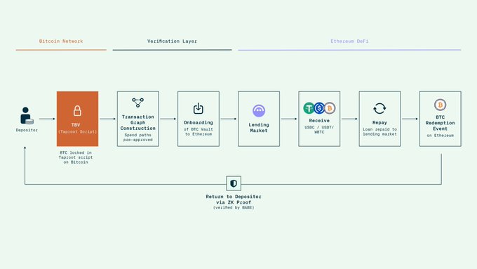 This image is an abstract diagram that illustrates the flow of a system for native Bitcoin-backed lending between two parties. The image shows three key elements: a starting point labeled "Native BTC", another labeled "@aave v4", and one labeled "Native BC", representing the borrower and the lender respectively. A series of boxes with labels such as "Collections", "Borrowing", and "Market", along with various arrows, connect these elements to demonstrate how assets are locked in a Taproot script (Native BTC) and how they are being used by the parties involved - either native tokens or other collateral types.