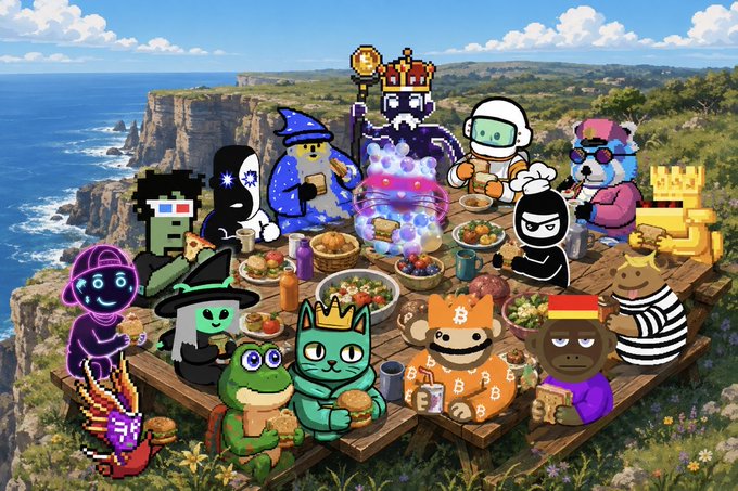 A colorful digital illustration parodying "The Last Supper," featuring various NFT characters (including Bored Apes, CryptoPunks, and others) gathered around a table on a cliffside overlooking the ocean.