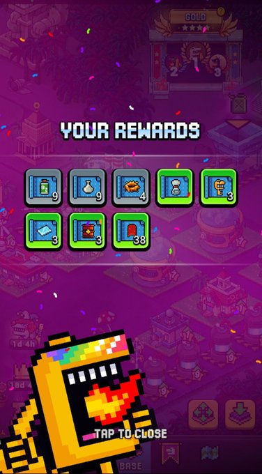 A pixel-art mobile game screenshot showing 'YOUR REWARDS' screen with various in-game items on a purple background, with a yellow character at the bottom and 'TAP TO CLOSE' text.