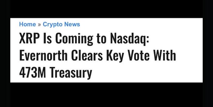 A news headline graphic reading 'XRP Is Coming to Nasdaq: Evernorth Clears Key Vote With 473M Treasury' under a 'Home » Crypto News' breadcrumb.