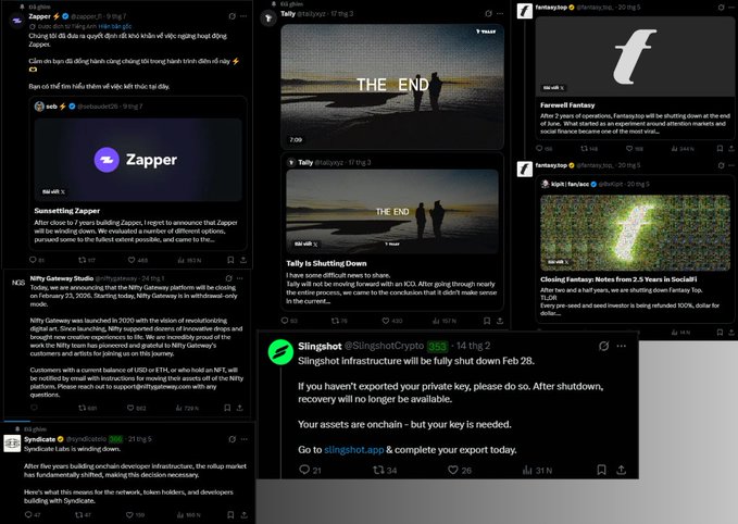 A collection of social media posts from Zapper, Tally, and others announcing that NFT and crypto platforms like Fantasytop, Nifty Gateway, and Slingshot are shutting down.