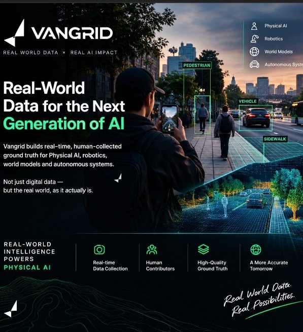 A promotional advertisement for Vangrid featuring the text 'Real-World Data for the Next Generation of AI' and 'REAL WORLD DATA × REAL AI IMPACT,' showing a person collecting street data alongside labels like 'PEDESTRIAN,' 'VEHICLE,' and 'SIDEWALK.'