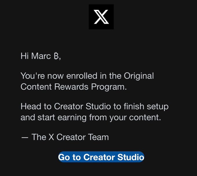 A notification from X (Twitter) Creator Team addressed to Marc B, announcing enrollment in the Original Content Rewards Program with a 'Go to Creator Studio' button.