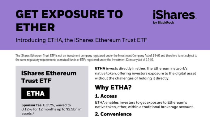A promotional graphic with the iShares by BlackRock logo advertising "GET EXPOSURE TO ETHER" through the "iShares Ethereum Trust ETF (ETHA)" with a sponsor fee of 0.25% waived to 0.12% for 12 months up to $2.5bn in assets, highlighting Access and Convenience benefits.