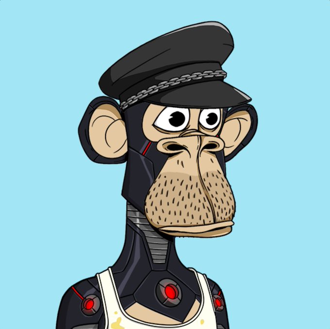 A digital illustration of a cartoon ape character wearing a black officer's cap, sunglasses, and a dark futuristic outfit with a white tank top against a light blue background.