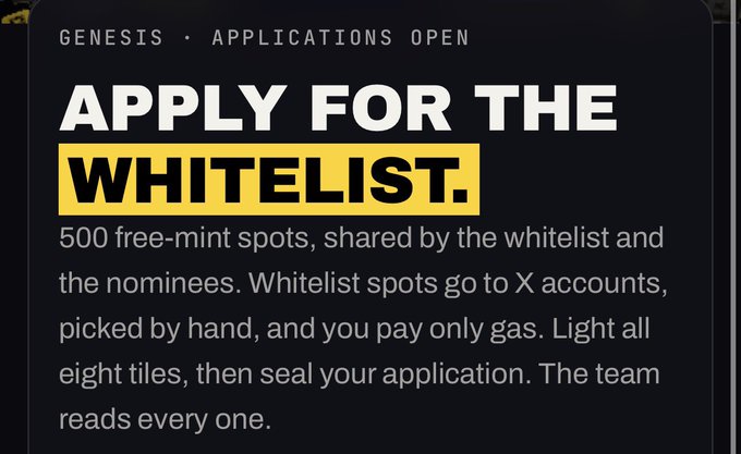 A dark-themed announcement reading 'GENESIS • APPLICATIONS OPEN' and 'APPLY FOR THE WHITELIST.' explaining that 500 free-mint spots are shared by whitelist and nominees.