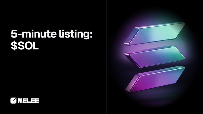 A sleek black promotional graphic announces "5-minute listing: $SOL" alongside the MELEE logo, featuring a glowing holographic Solana-inspired emblem that reinforces the platform's new short-term trading markets for SOL.