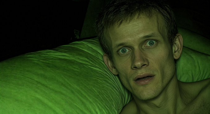 A close-up of a man with wide, intense eyes lying on a green pillow in a dark setting with eerie lighting.