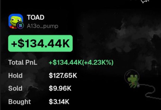 A dark-themed crypto trading interface showing the wallet 'A13o...pump' with a total PnL of +$134.44K (+4.23K%), hold value of $127.65K, sold $9.96K, and bought $3.14K, alongside a TOAD token logo.