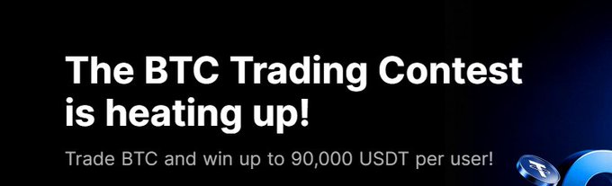 A promotional banner reading "The BTC Trading Contest is heating up! Trade BTC and win up to 90,000 USDT per user!" with a blue tether (USDT) coin graphic.