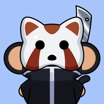 A cartoon illustration of a small character wearing a mask resembling a fox or dog face, dressed in dark clothing with a large blade strapped to its back.
