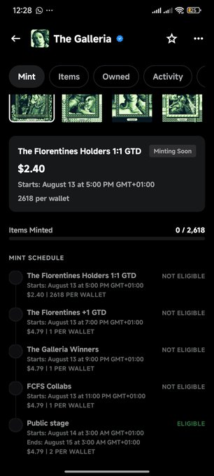 A mobile screenshot of an NFT minting page for 'The Galleria' collection, highlighting an upcoming mint for 'The Florentines Holders 1:1 GTD' at $2.40 and a mint schedule showing 'Public stage' as ELIGIBLE.