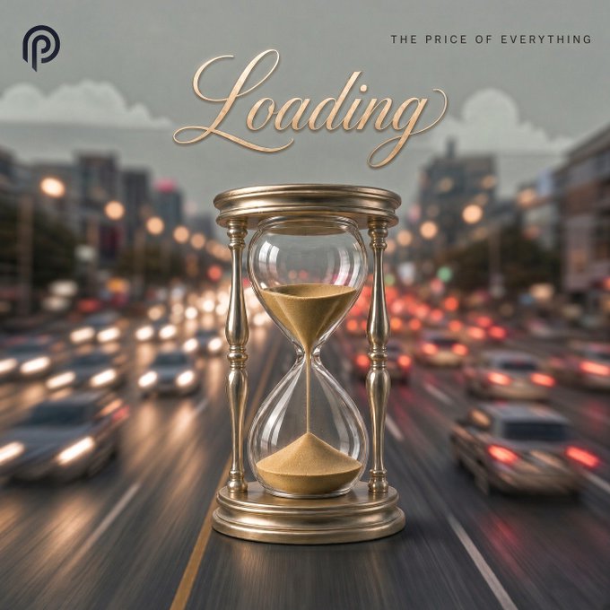 A graphic showing an ornate golden hourglass in the middle of a busy highway with blurred traffic, featuring the text 'Loading' in elegant script and 'THE PRICE OF EVERYTHING' in the corner.