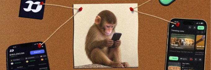 A photograph of a young monkey intently looking at a smartphone is pinned to a corkboard, connected by strings to screenshots showing cryptocurrency trading interfaces with tickers like "$163,393.86" and "$848.2k," visually illustrating the theme of digital obsession tied to the Solana token $fone on Moby.