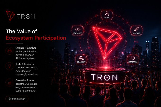 A TRON cryptocurrency promotional graphic displays 'The Value of Ecosystem Participation' with categories like 'USERS,' 'DEVELOPERS,' and 'CREATORS,' alongside bullet points including 'Stronger Together' and 'Build & Innovate.'