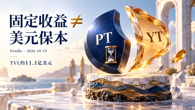 A promotional graphic in Chinese featuring 'PT' and 'YT' logos on a gold and blue coin structure, with text mentioning '固定收益' (fixed income) and '美元保本' (USD principal-protected) for Pendle on 2026-10-19, with TVL approximately 1.11 billion USD.