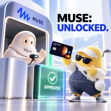 A white robot labeled "Muse" stands inside a "MUSE" branded kiosk next to a glowing "APPROVED" stamp, while a yellow mascot in sunglasses and overalls holds up a "Starryblu" card beside the text "MUSE: UNLOCKED." The image visually celebrates the Starryblu × Muse partnership approval, complementing the post's teaser about new Muse features and the community's growing holdings of MUSE tokens.