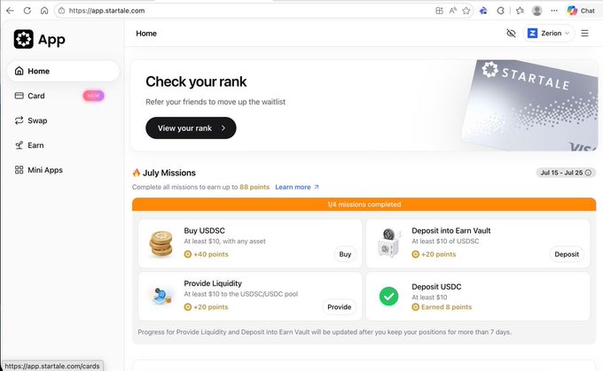 The image shows the Startale app's "July Missions" page displaying a checklist of tasks to earn up to 80 Star Points, with 1/4 missions completed and 8 points already earned from the "Deposit USDC" task. It visually confirms the post's breakdown of point values (40 for Buy USDSC, 20 for Earn Vault, 20 for Provide Liquidity, and 8 for Deposit USDC) while noting the campaign runs July 15–July 25.