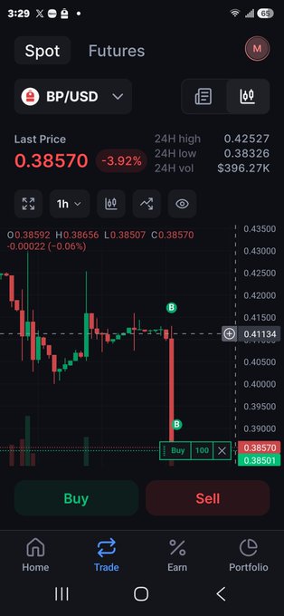 The image shows a cryptocurrency trading screen on Backpack Exchange displaying the BP/USD pair at a last price of $0.38570, with a 3.92% decline and an active "Buy" order of 100 units placed at $0.38570—visually confirming the user's post about buying the dip on BP at this exact price level.