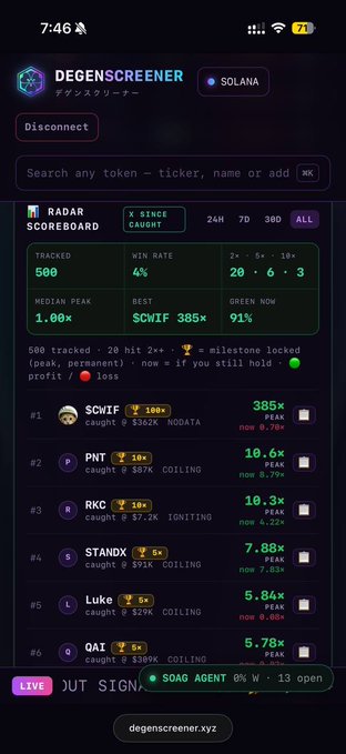 The image shows a phone screen displaying information about a game called "Degenscreener" with a scorecard showing the scores of various players, including one player named "SOLANA". The text on the screen indicates that the game is currently paused at the moment it was captured and that there are two players in the game.