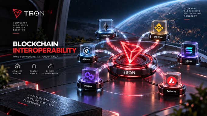 A promotional graphic for TRON blockchain highlights 'BLOCKCHAIN INTEROPERABILITY' with a central TRON logo connected to multiple other blockchains including Ethereum, BNB Chain, Arbitrum, Polygon, Solana, and Avalanche.