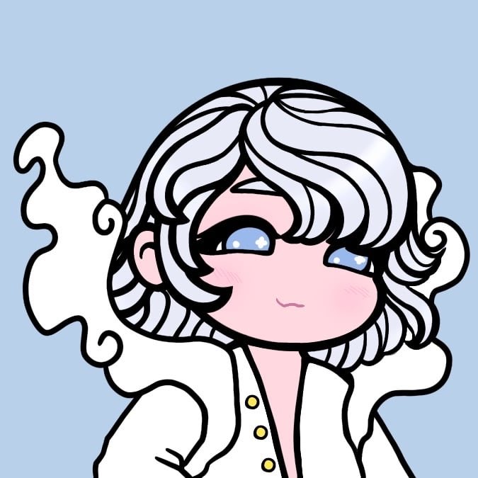 An anime-style illustration of a character with silver/white hair, large blue eyes, blushing cheeks, and a white outfit against a light blue background.