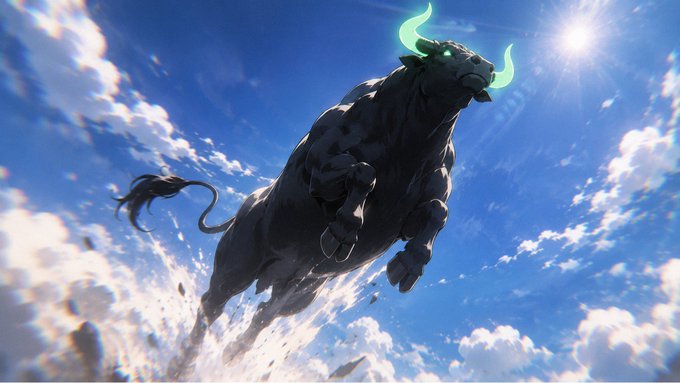 A dark, powerful bull with glowing cyan horns leaps dynamically through a bright blue sky filled with clouds.