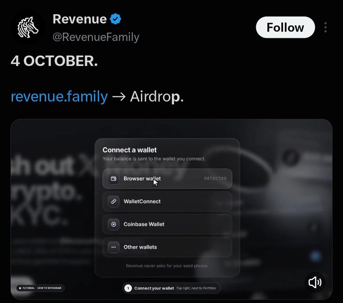 A screenshot of a tweet from 'Revenue' (@RevenueFamily) announcing an airdrop on October 4th, showing a 'Connect a wallet' interface with options including Browser wallet, WalletConnect, and Coinbase Wallet.