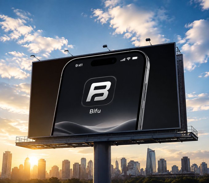 A massive billboard towering over an urban skyline at sunset displays a sleek smartphone with the "Bifu" app logo prominently featured on its screen. The dramatic cityscape backdrop reinforces the post's motivational crypto messaging with hashtags like #BiFu, #Crypto, and #WAGMI, symbolizing the brand's bold presence in the digital finance space.