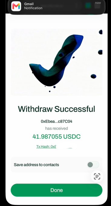 A screenshot of a Gmail notification showing a successful crypto withdrawal of 41.987055 USDC to the address 0xEbea...c87C04.