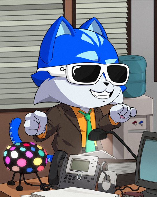 A cartoon illustration of a blue cat/fox character wearing sunglasses, a suit, and a green tie, sitting confidently at an office desk with a phone and colorful lamp.