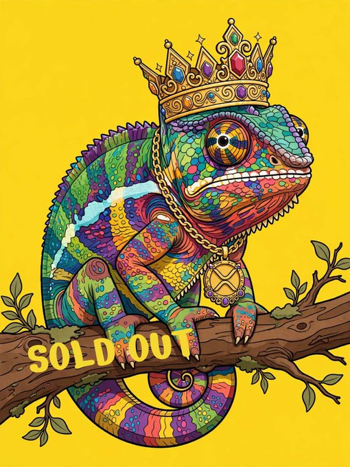 A colorful, psychedelic illustration of a chameleon wearing a jeweled crown and a large medallion sits on a branch against a yellow background with the text 'SOLD OUT'.